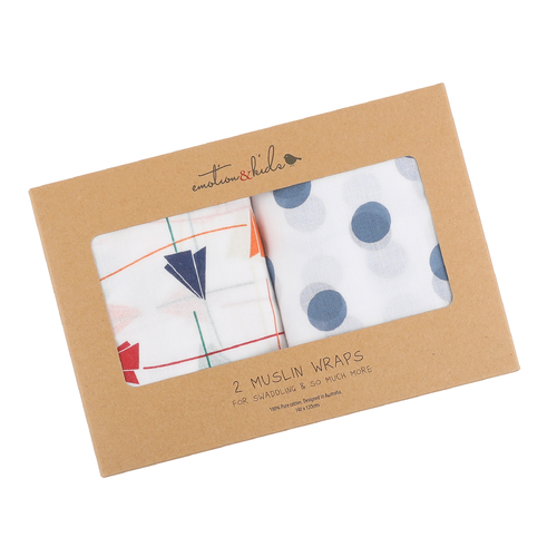 PAPER AEROPLANE & MIDNIGHT BLUE SPOT MUSLIN WRAP 2 PACK
