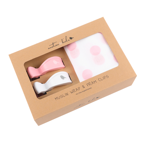 Pink Spot Muslin with Pink and White Pram Clip Set