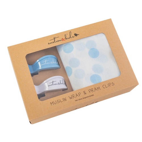 Pale Blue Spot Muslin with Blue and White Pram Clip Set
