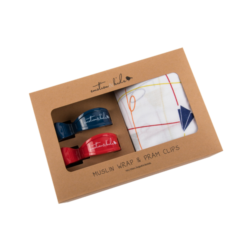 Paper Plane Muslin Wrap With Navy & Red Pram Clips