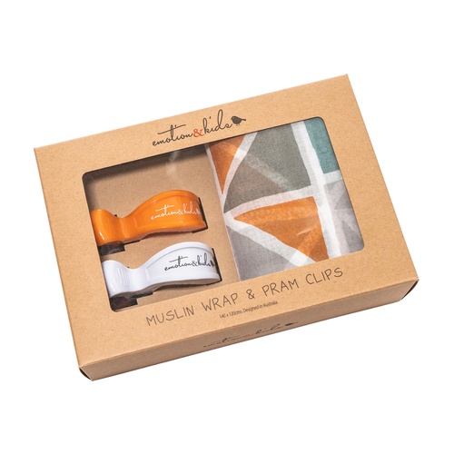 Multi Triangle Muslin with Orange & White Pram Clips