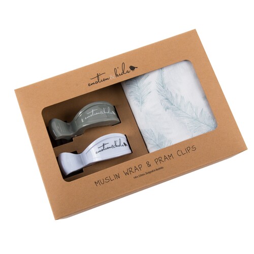 Grey Feather Muslin & Grey and White Pram Clip Set