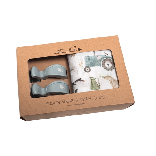 Farm Muslin Wrap & Dusty Blue Pram Clip Set