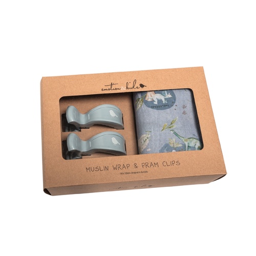 Dinosaurs of the World Muslin Wrap & Dusty Blue Pram Clip Set